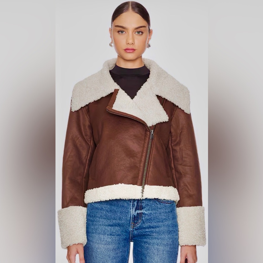 Bardot Finn Faux Vegan Leather Shearling bomber Jacket coat NWT